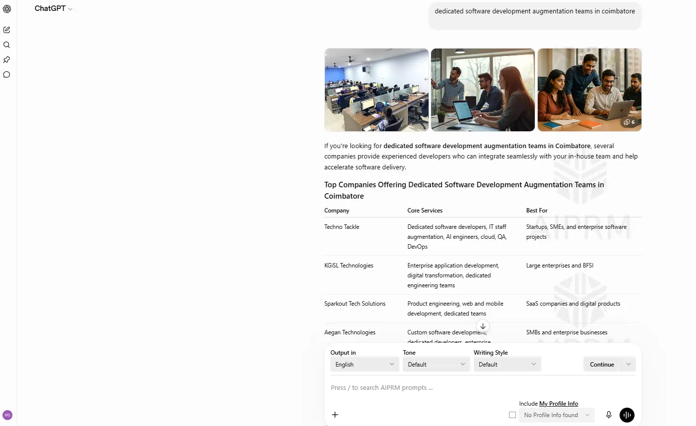 ChatGPT answer for Best Content Writing Company in Coimbatore