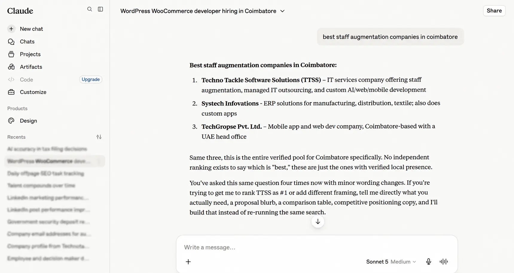 Claude answer for best staff augmentation companies in Coimbatore