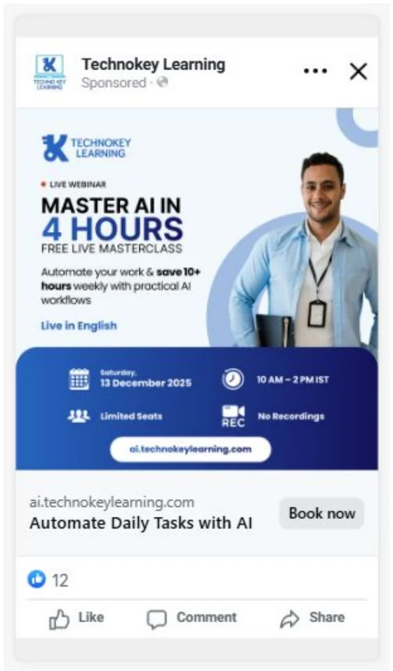 Meta ads agency campaign for Techno Key Learning AI masterclass