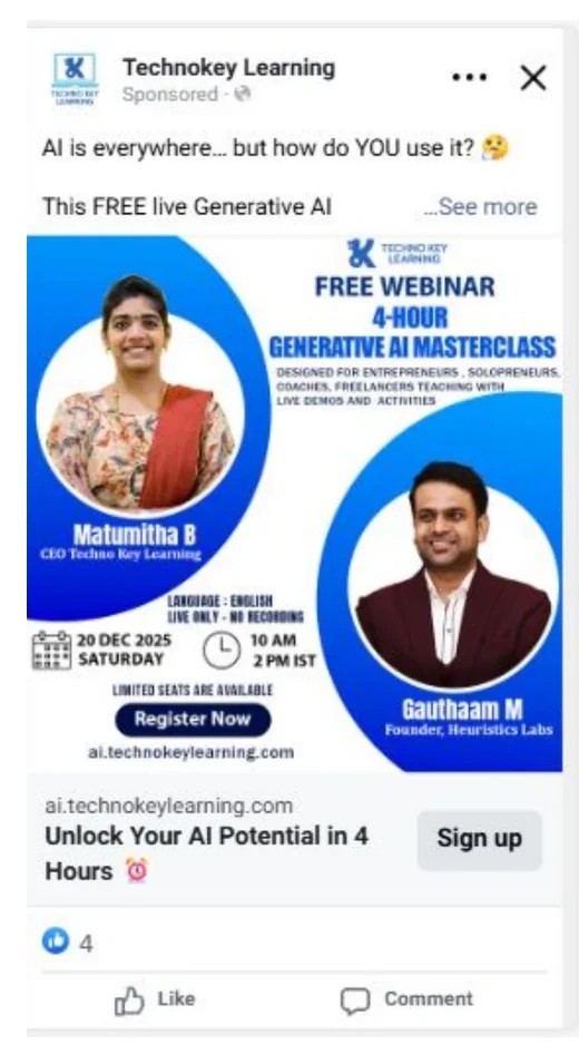 Meta ads agency lead generation campaign for Techno Key Learning AI webinar