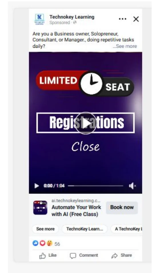 Meta ads services video campaign promoting Techno Key Learning AI masterclass