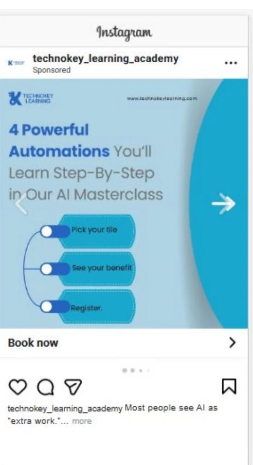Meta ads management carousel campaign for Techno Key Learning AI masterclass