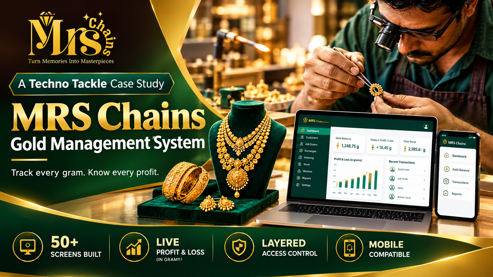 MRS Gold – A Smart Gold Management System for Complete Control of Gold, Customers, Workers, Stock, Exchanges, Billing and Profit & Loss.Generate daily gold-based Profit & Loss, detailed reports and real-time insights — anytime, from anywhere.