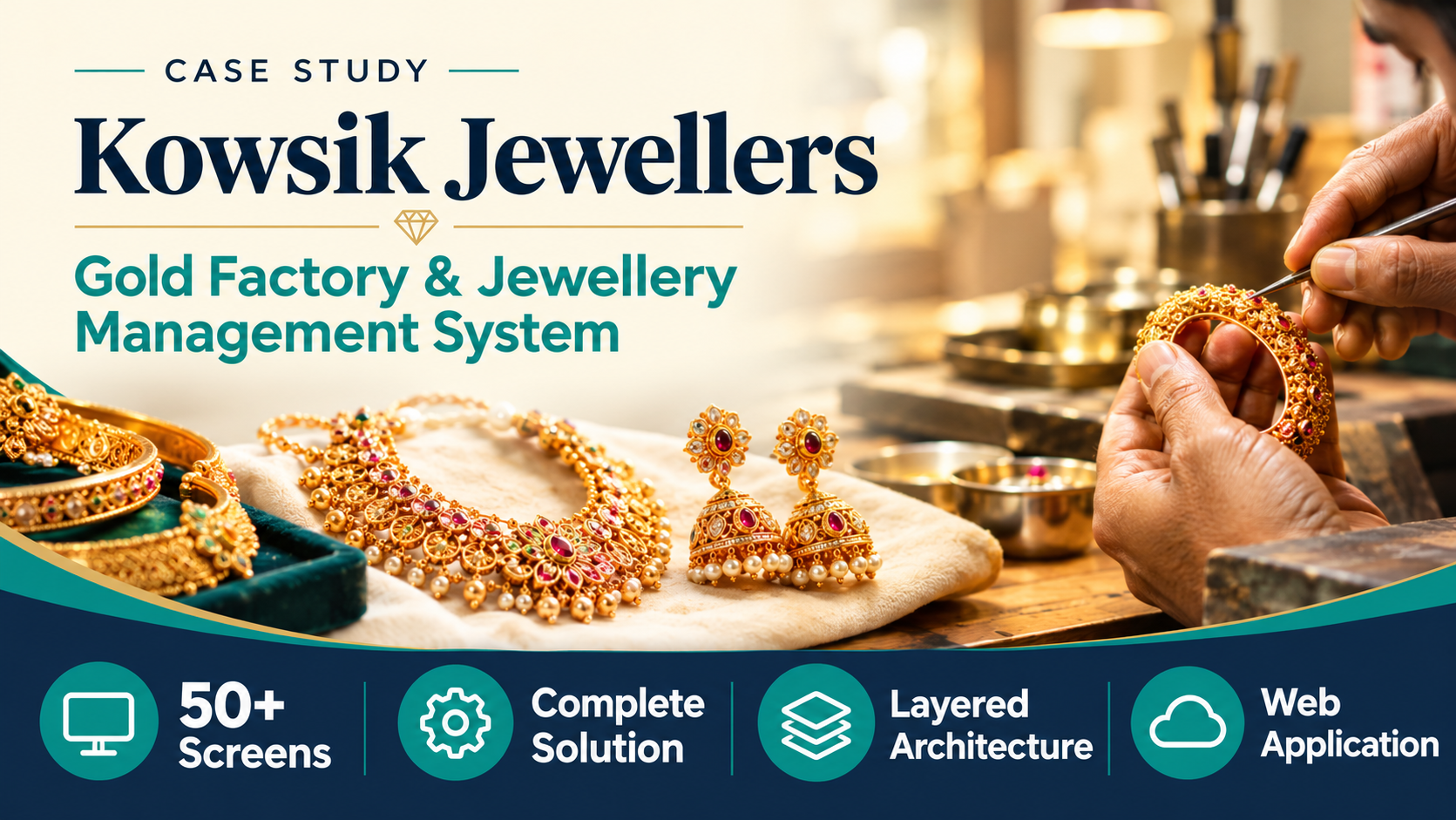 Kowsik Jewellers partnered with Techno Tackle to digitize its gold manufacturing and jewellery operations. The system streamlines gold tracking, production workflows, inventory and financial management. With 50+ screens developed, it ensures accurate tracking and better operational visibility. A complete digital solution built to simplify workflows and improve business efficiency.