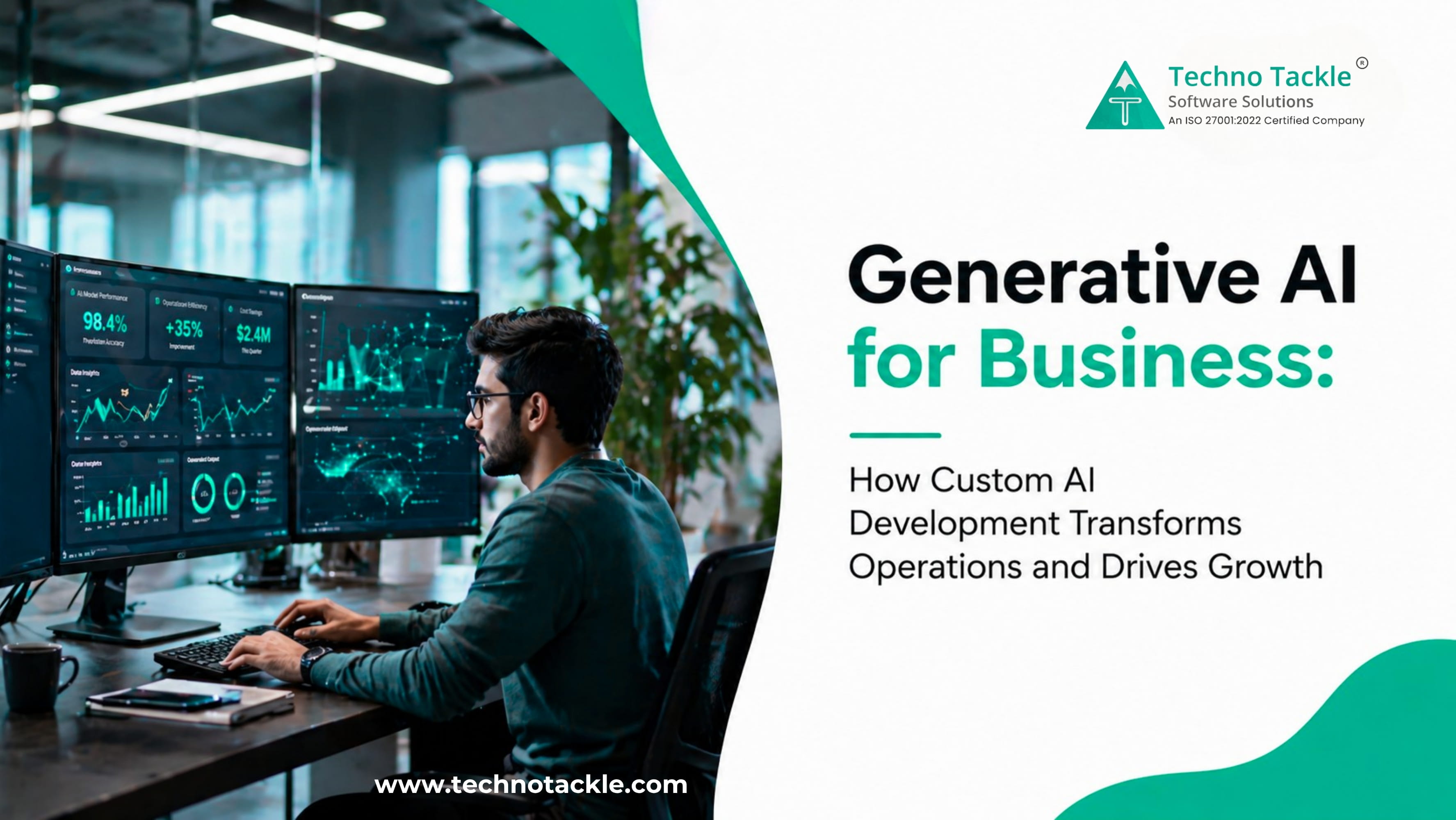 Professional using multiple screens with data dashboards to represent generative AI in business operations and growth