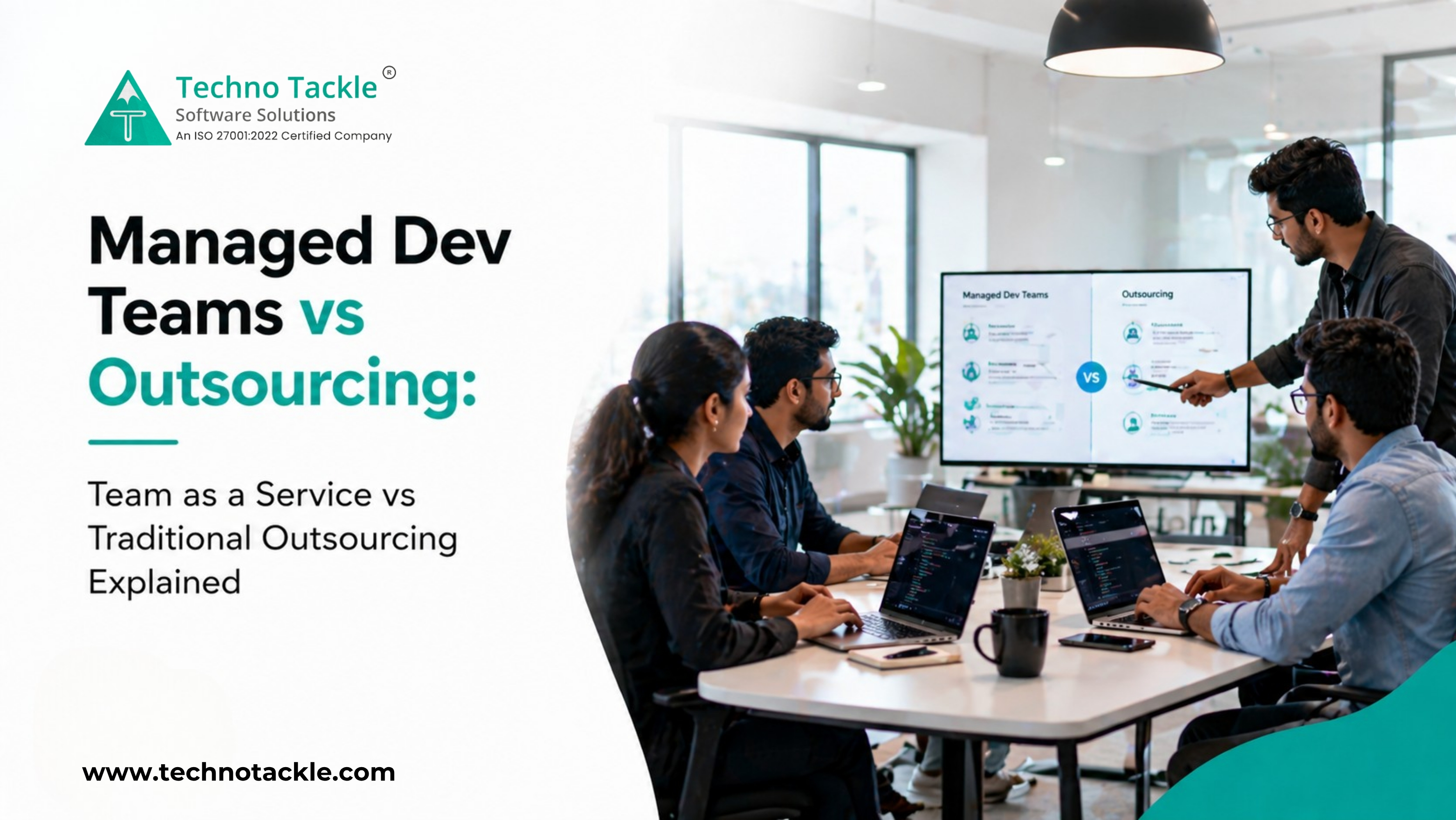Team discussing managed development teams vs outsourcing in a meeting with laptops and presentation screen