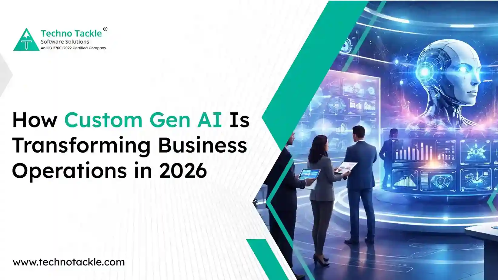 A business dashboard showing custom generative AI tools automating workflows and driving AI powered business transformation in 2026