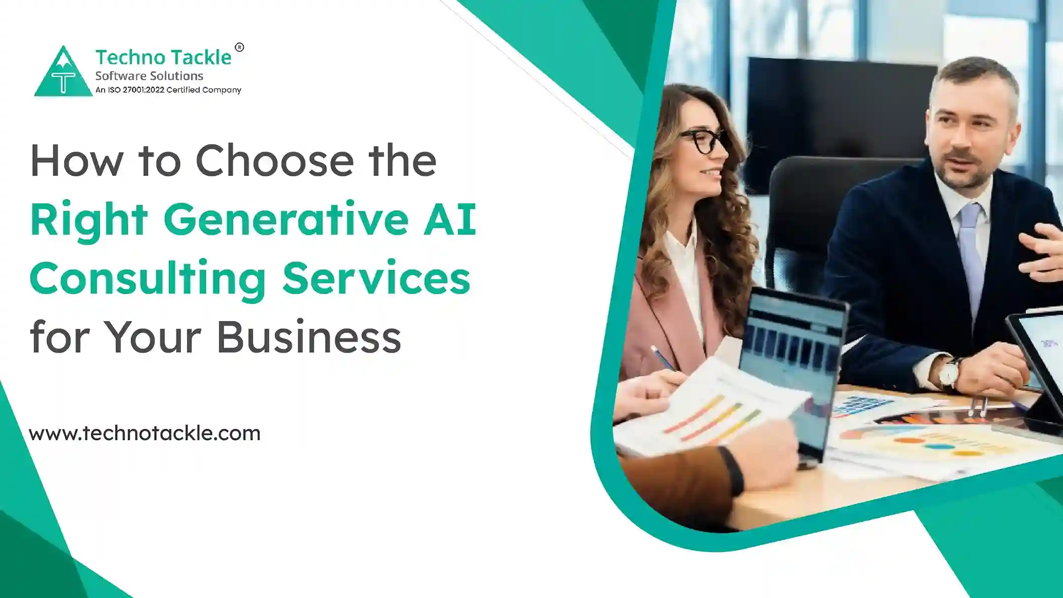 Business team evaluating generative AI consulting services on a laptop with data dashboards