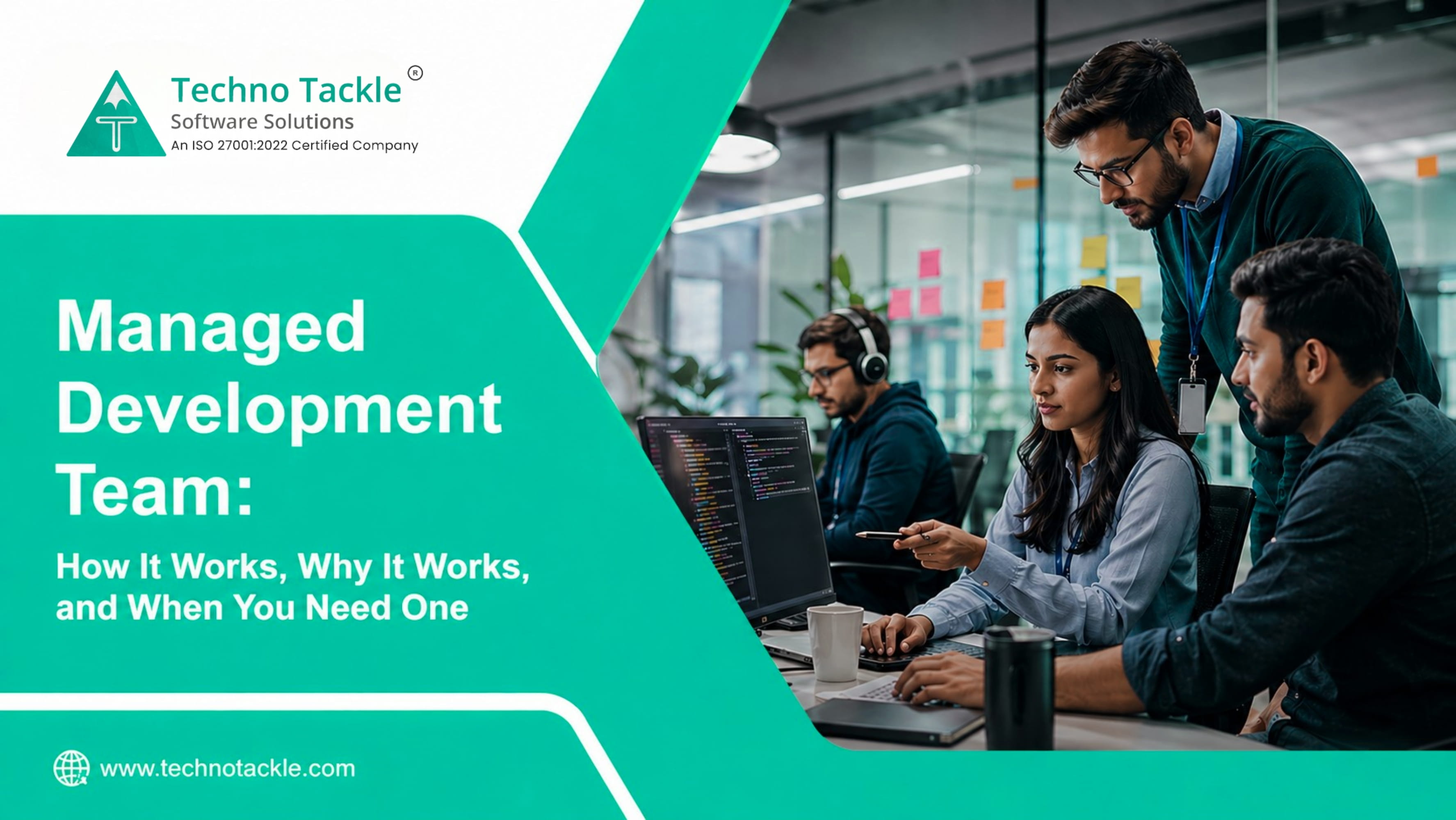 Managed development team collaborating on software projects, showcasing a dedicated team model that enables businesses to scale development, improve efficiency, and deliver projects faster.