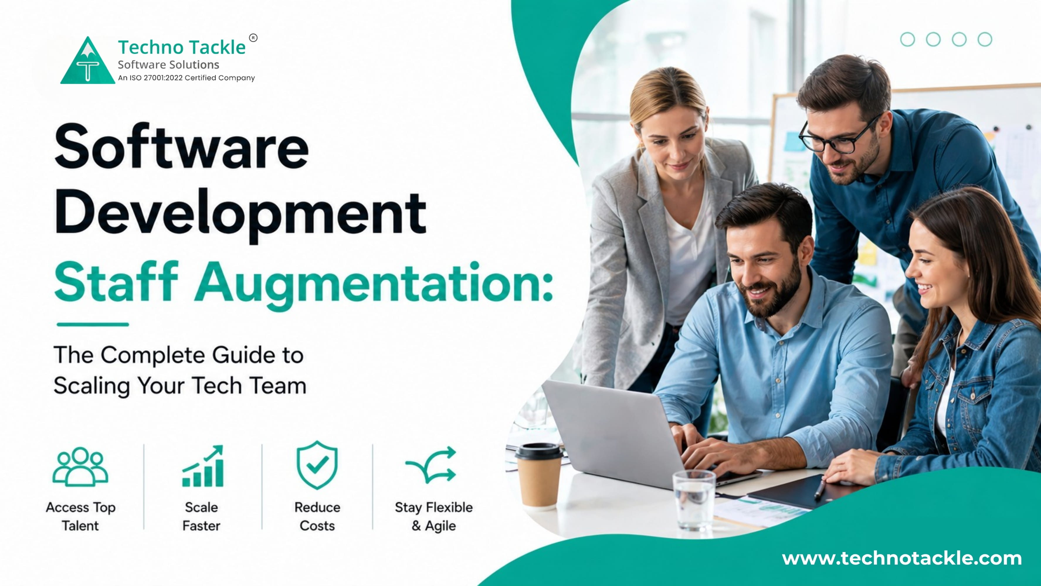 Team of software developers collaborating on a laptop, representing software development staff augmentation services for scaling tech teams with flexibility and cost efficiency.