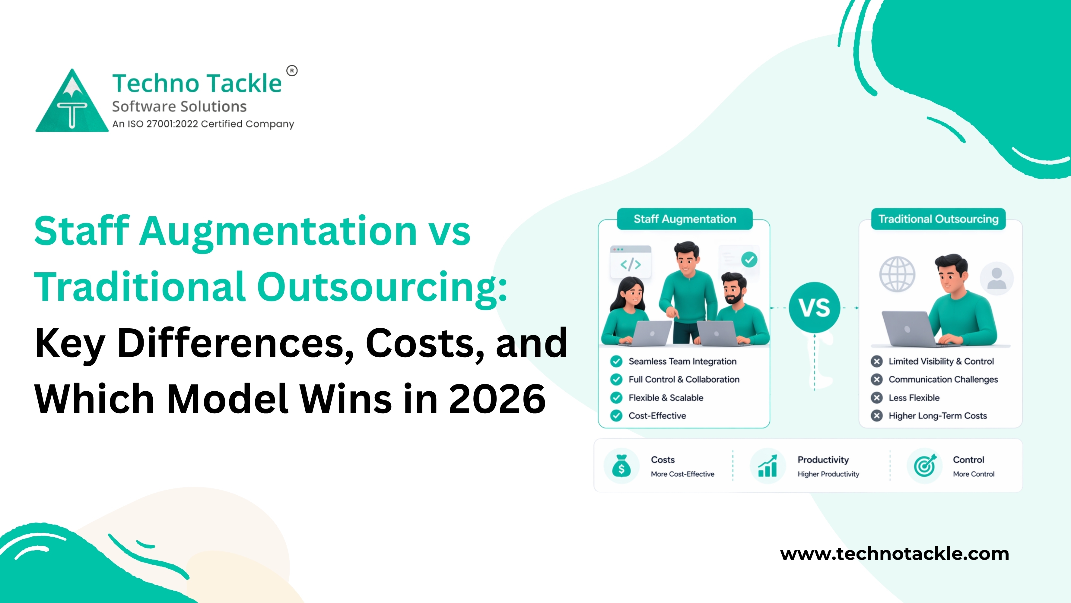 Illustration comparing staff augmentation and traditional outsourcing highlighting differences in cost, flexibility, control, team integration, and productivity for businesses in 2026